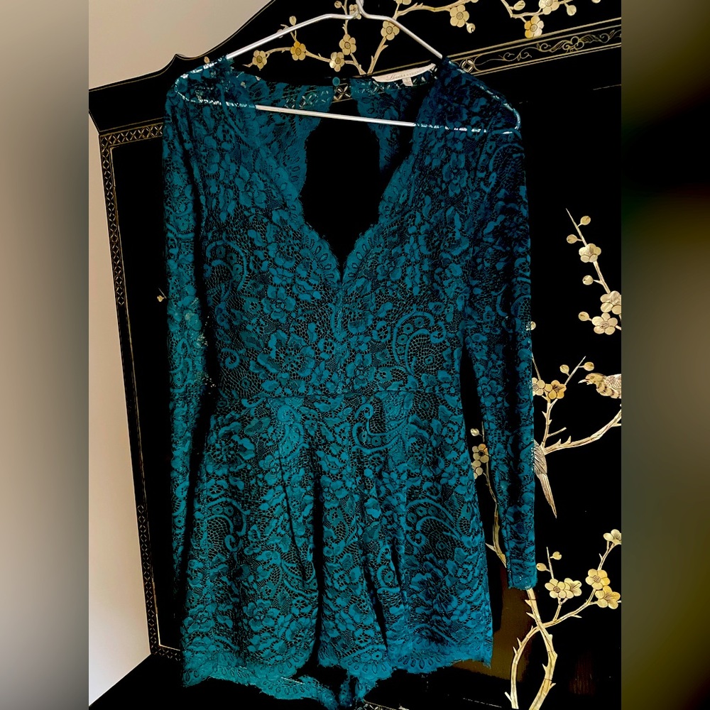 Lovers and Friends Emerald green lace romper